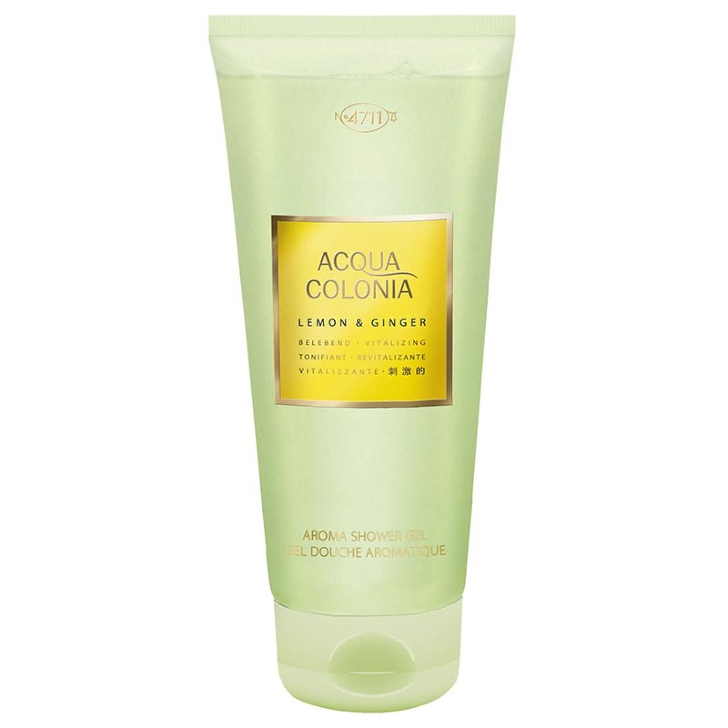 Hellgrüne Tube mit gelbem Etikett. Text: Acqua Colonia, Lemon & Ginger, Aroma Shower Gel. Grüner Verschluss.