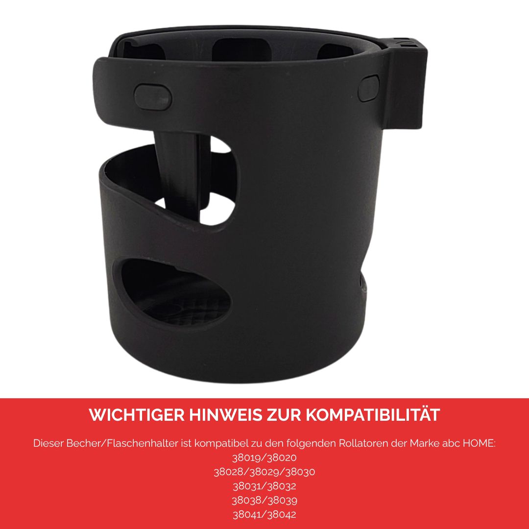 Schwarzer Becherhalter für Rollatoren, mit Befestigung.