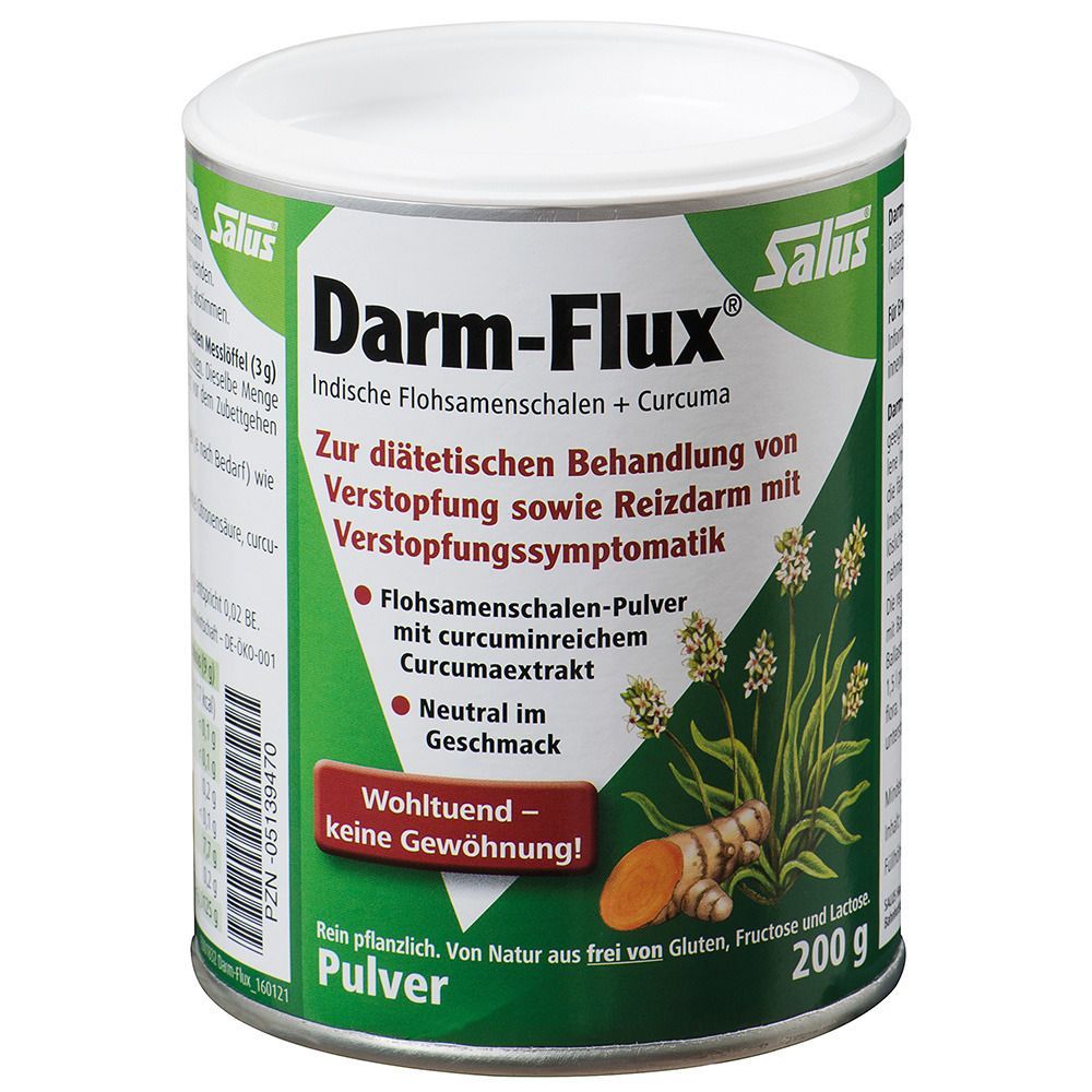 Dose Salus® Darm-Flux® Pulver. Grün-weißes Etikett mit Produktnamen, Inhaltsstoffen und Logo. 200g.