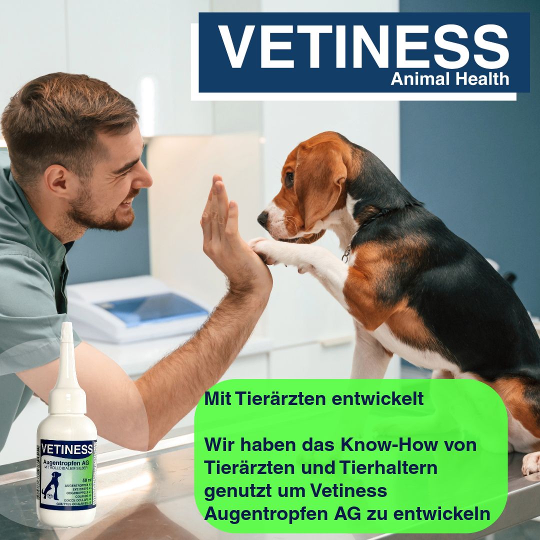 Mann und Hund geben sich die Pfote. Daneben eine Flasche Augentropfen. Text: Mit Tierärzten entwickelt. Know-How von Tierärzten genutzt.