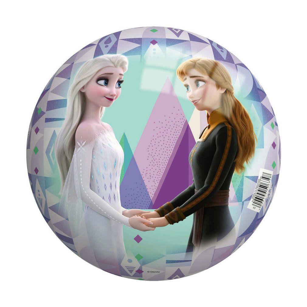 Runder Ball mit Elsa und Anna-Motiv. Der Ball hat das Frozen II Logo. Der Ball hat ein geometrisches Muster.