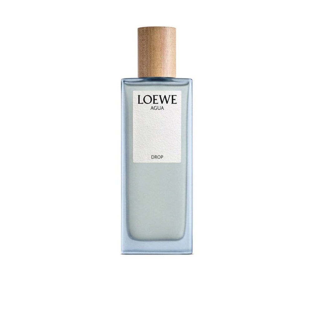 Rechteckiger Flakon mit Holzverschluss. Aufschrift: LOEWE AGUA DROP. Hellblaue Flüssigkeit sichtbar.