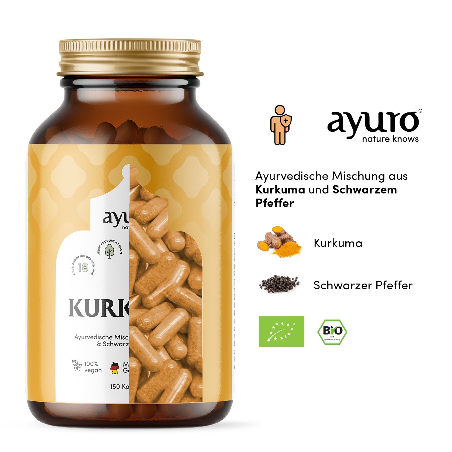 Glasflasche mit Kurkuma+ Kapseln, Ansicht der Kapseln. Text: Ayurvedische Mischung aus Kurkuma und Schwarzem Pfeffer. Bio-Siegel.