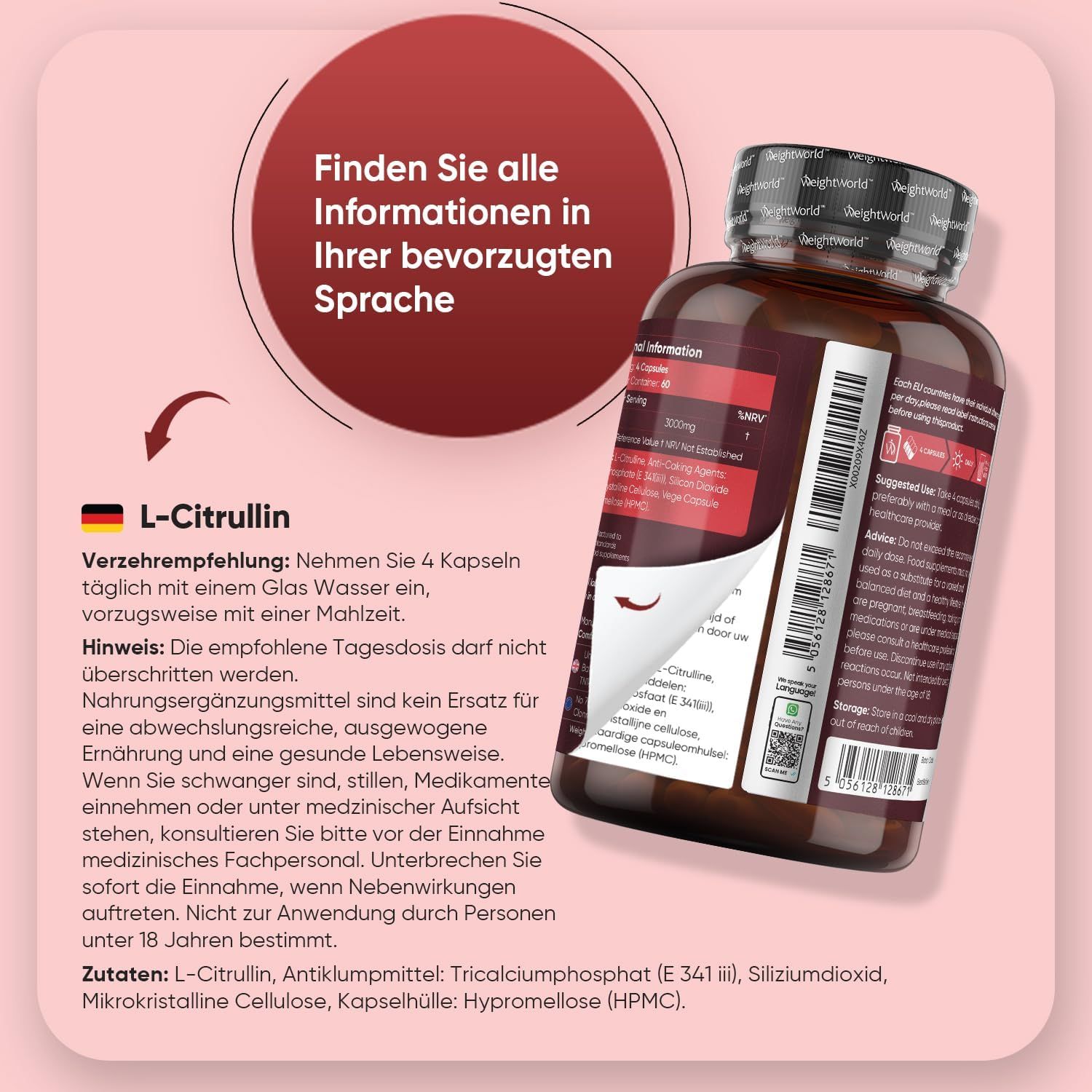Produktflasche mit Etikett. Informationen in verschiedenen Sprachen. L-Citrullin. Einnahme: 4 Kapseln mit Wasser. Rosa Hintergrund.