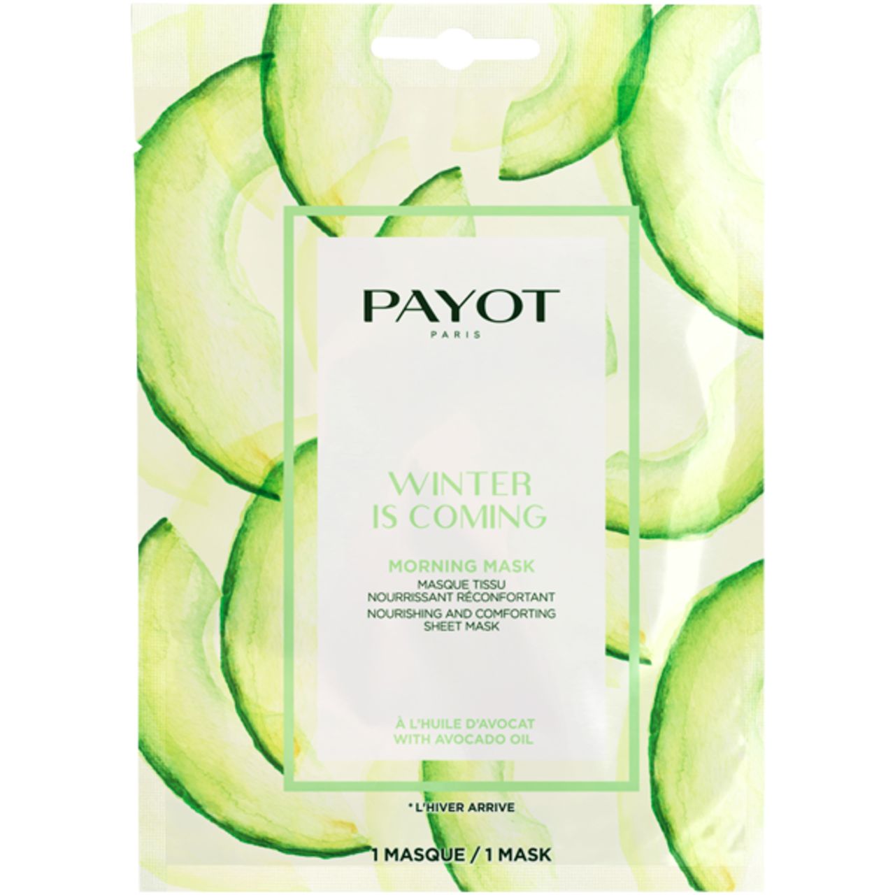 Payot-Gesichtsmaske, "Winter is Coming". Weiße Verpackung mit Avocado-Motiv. Text: "Morning Mask", "A l'huile d'avocat".