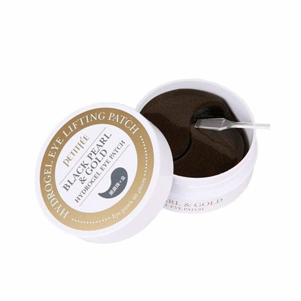 Geöffnete Dose mit schwarzen Hydrogel-Augenpflastern. Aufschrift: Black Pearl & Gold, Hydrogel Eye Lifting Patch. Enthält einen Spatel.