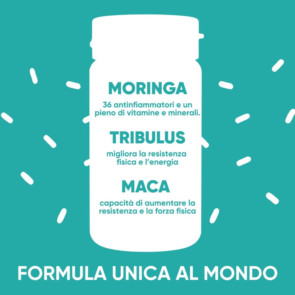 Weißes Fläschchen mit Text: Moringa, Tribulus, Maca. Aufschrift: Formel einzigartig auf der Welt.
