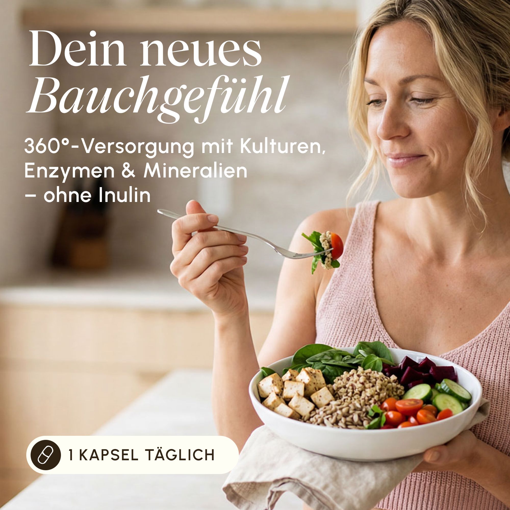 Frau isst einen gesunden Salat, Text: 360°-Versorgung mit Kulturen, Enzymen & Mineralien – ohne Inulin.