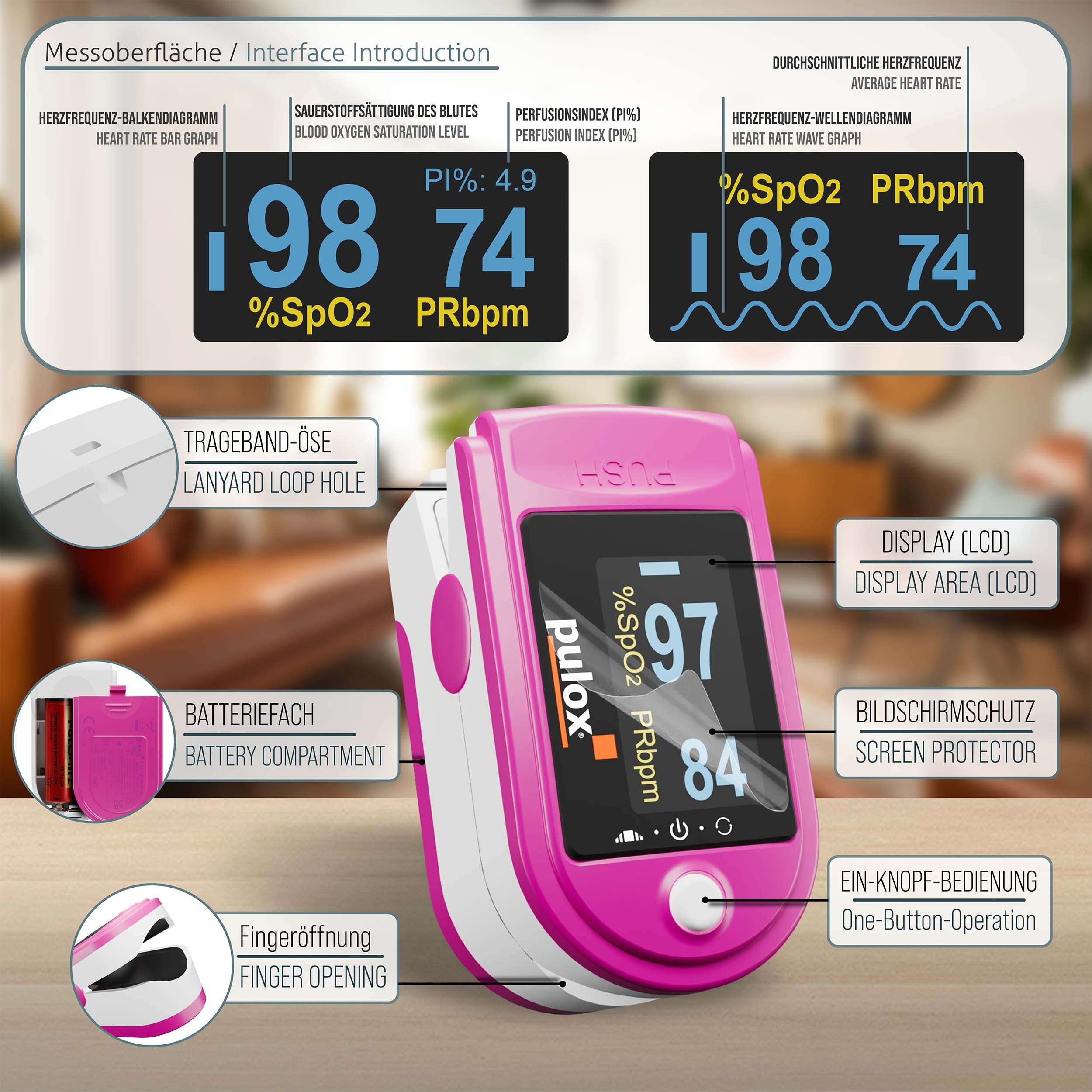 Pulox PO-200 Solo - Finger-Pulsoximeter in Pink