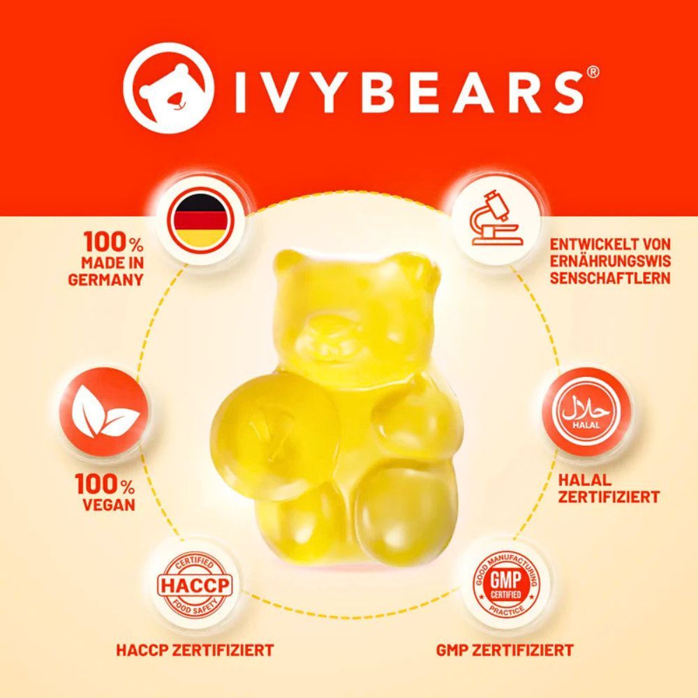 Gelber Gummibär. Logos: 100% vegan, Made in Germany, Halal, HACCP, GMP.