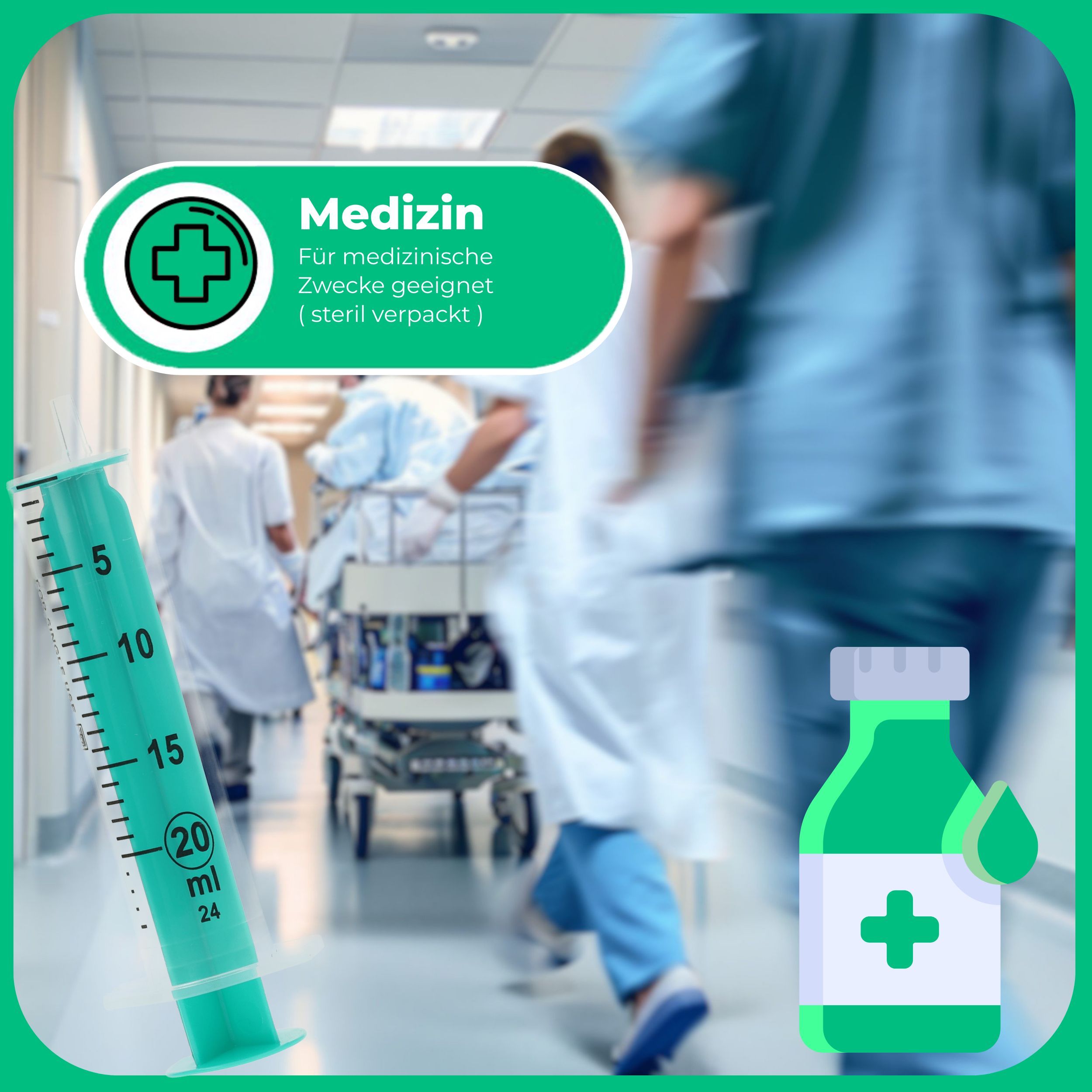 Spritze mit grüner Skala, 20ml. Hintergrund: Krankenhausflur mit Personal. Text: Medizin, steril verpackt.