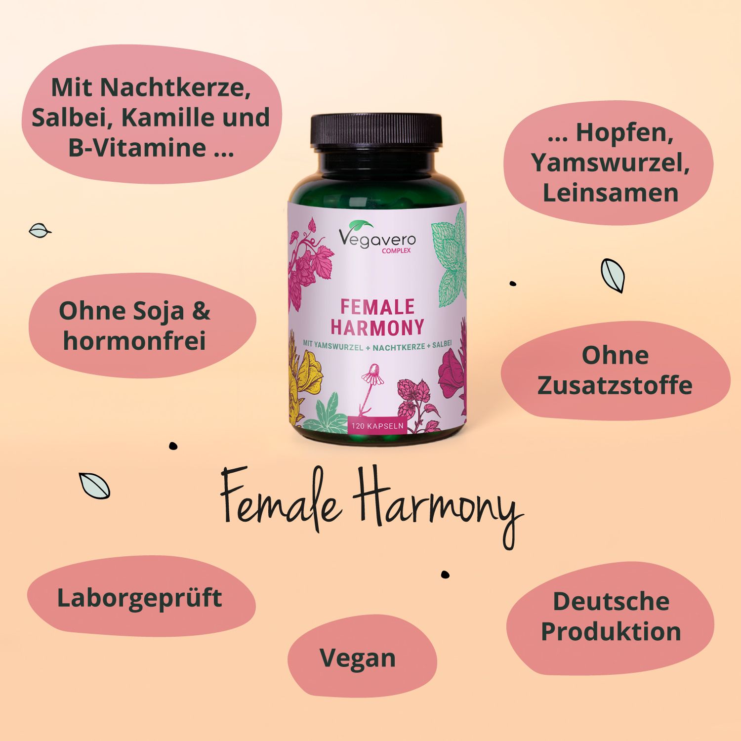Flasche Female Harmony. Text: Ohne Soja & hormonfrei, Ohne Zusatzstoffe, Vegan, Deutsche Produktion.