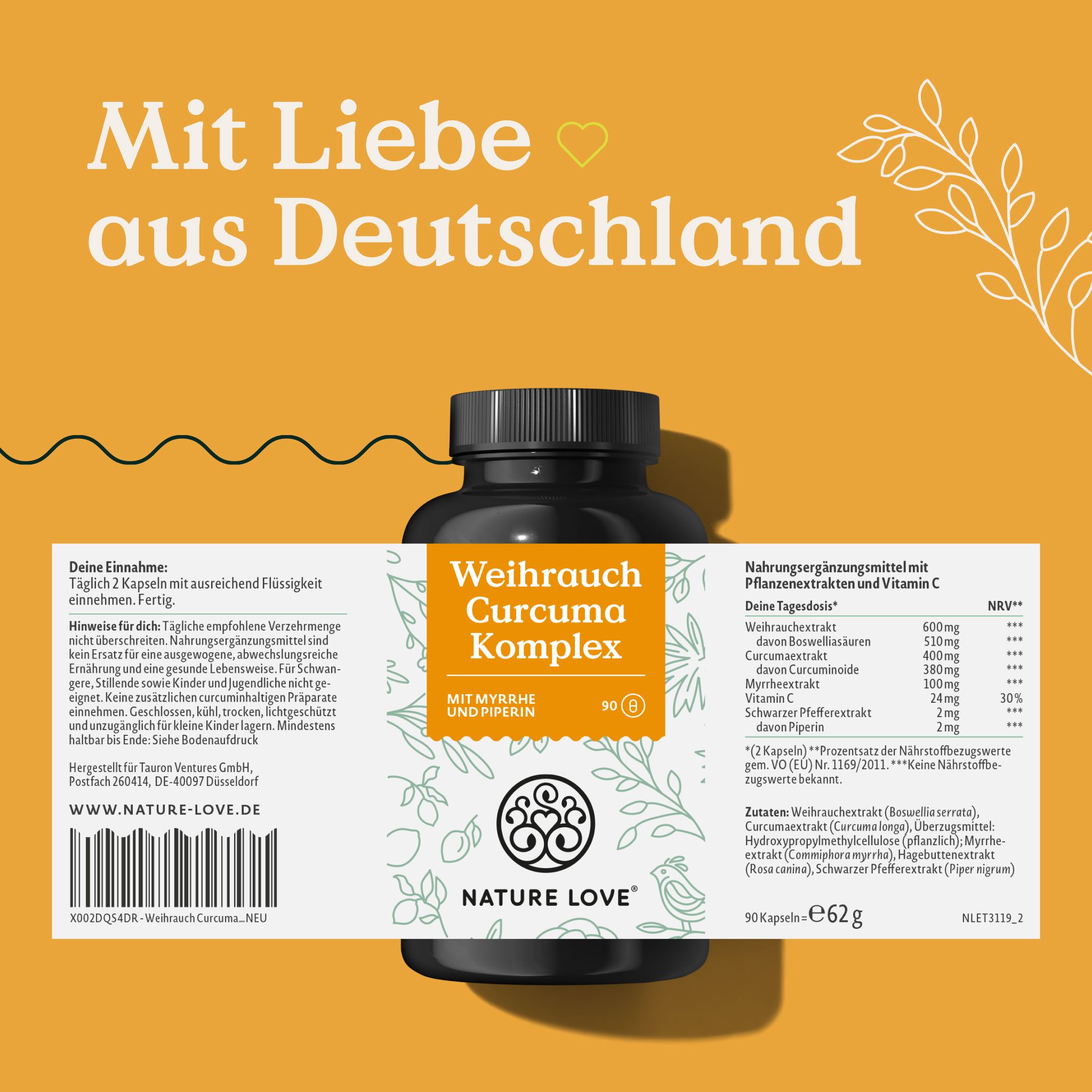 NATURE LOVE® Weihrauch Kurkuma Kapseln - 90 Stück - 600mg Extrakt - 360mg Boswellia & Myrrhe Vit C