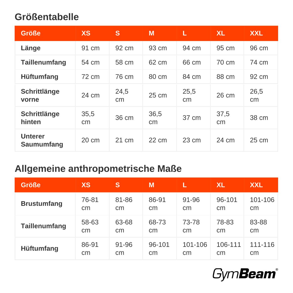 Größentabelle mit Maßen für Länge, Taillen-, Hüft-, Schritt- und Saumumfang für Kleidergrößen XS bis XXL.