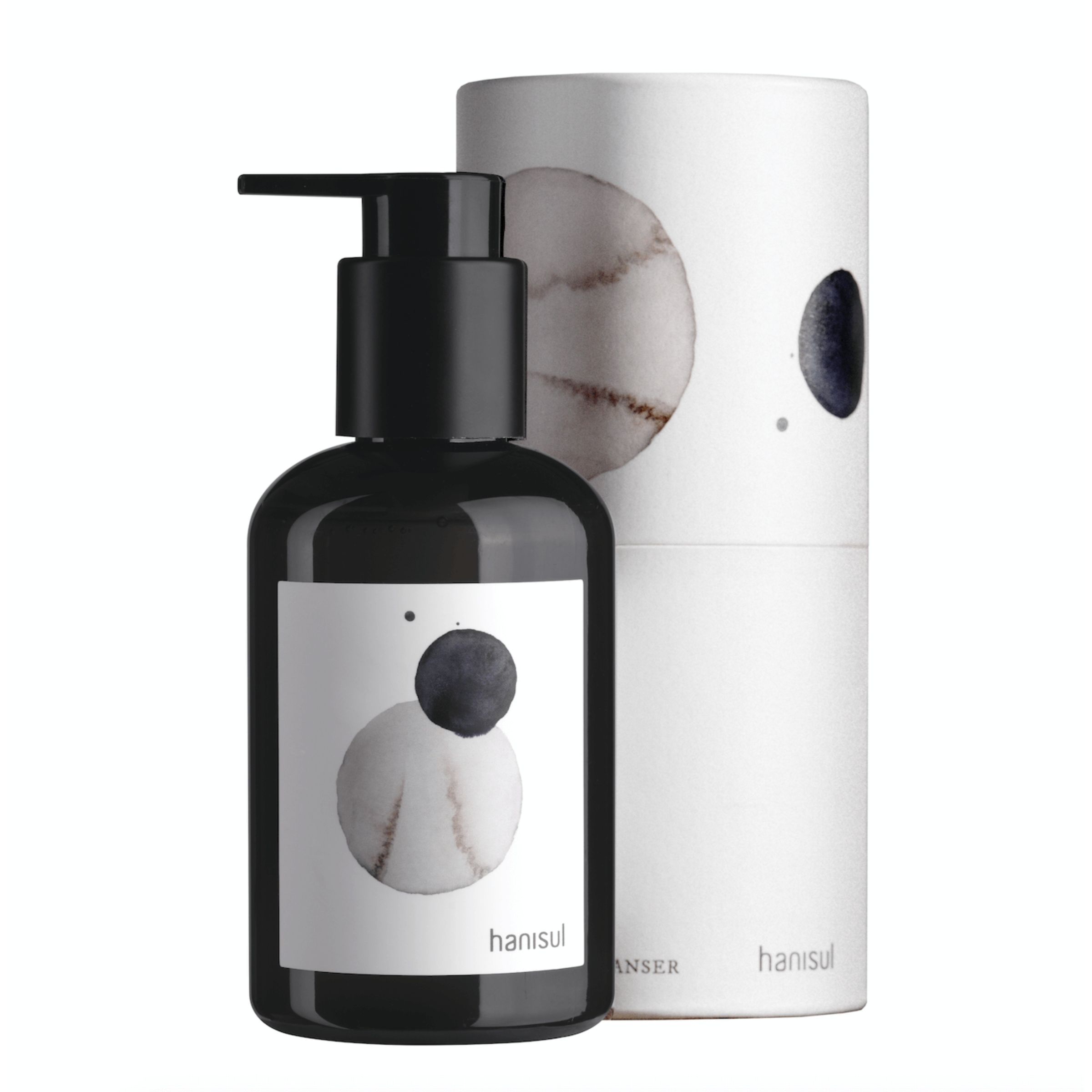 Schwarze Flasche mit Pumpe und weißer Verpackung. Auf der Flasche und Verpackung ist das Logo "hanisul" abgebildet.