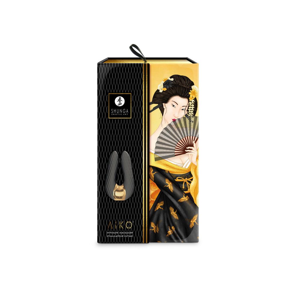 Verpackung mit Intim-Massagegerät. Schwarzes Gerät mit goldenen Akzenten. Marke: Shunga.