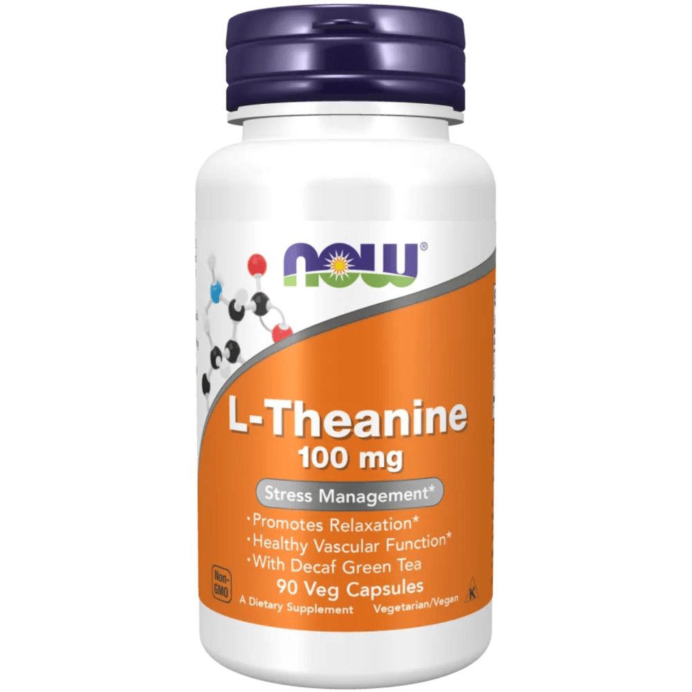 Weiße Flasche mit blauem Deckel. Aufschrift: L-Theanin 100 mg, 90 Veg Capsules. Marke: NOW.