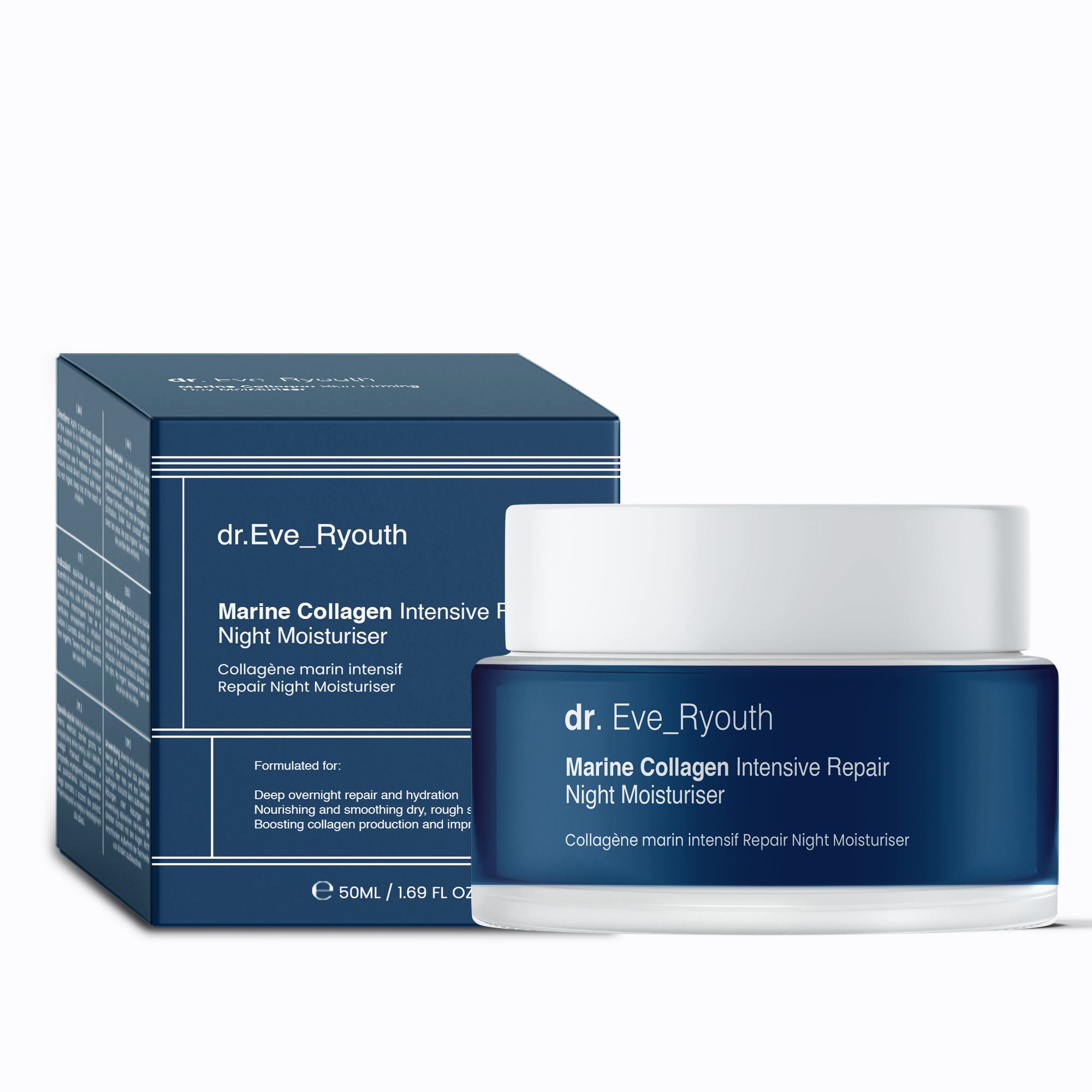 Blaue Creme-Dose und Schachtel. Aufschrift: Marine Collagen Intensive Repair Night Moisturiser. Marke: dr. Eve_Ryouth.