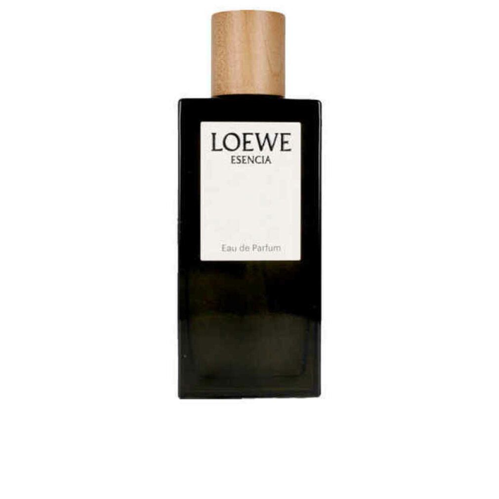 Schwarzes Parfümflakon mit Holzdeckel. Auf dem Etikett steht LOEWE ESENCIA Eau de Parfum.
