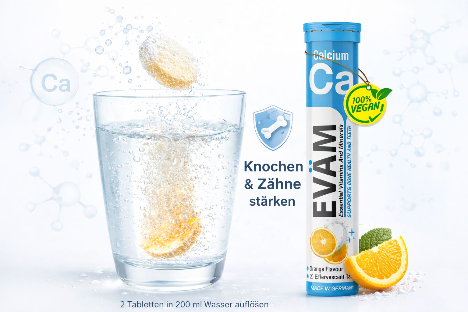 Glas mit Wasser und sich auflösender Calcium-Brausetablette. Daneben Tube mit Orangen-Abbildung. Text: EVÄM, Calcium, unterstützt Knochen- und Zahngesundheit.