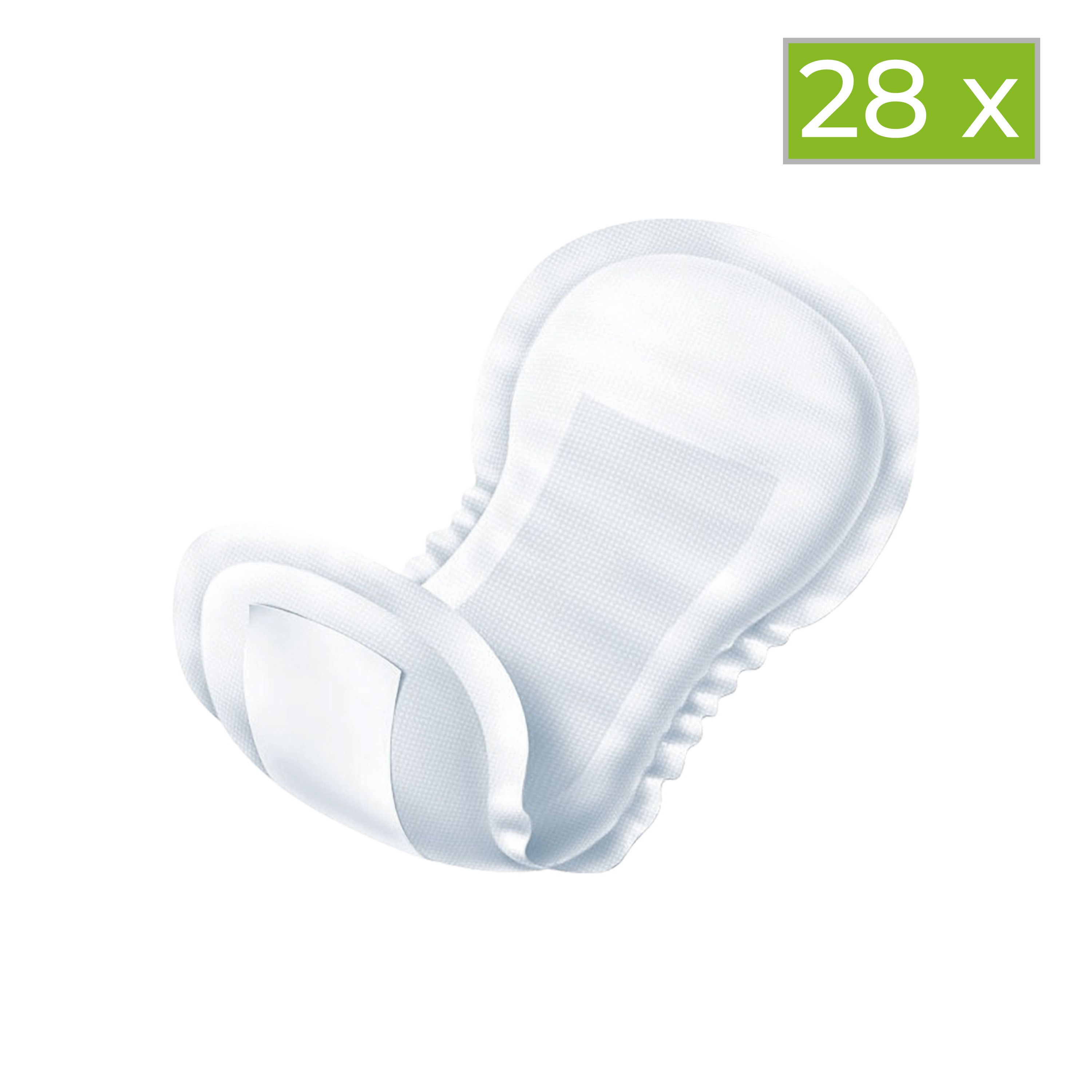 Weiße Inkontinenzeinlage mit Klebestreifen. 28 Stück Packung.