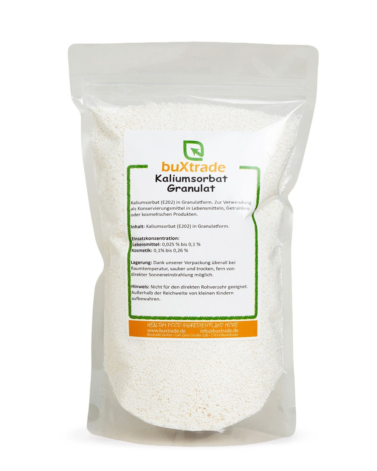 Verpackung mit buXtrade Kaliumsorbat Granulat. Das Etikett zeigt Produktinformationen und Anwendungshinweise.