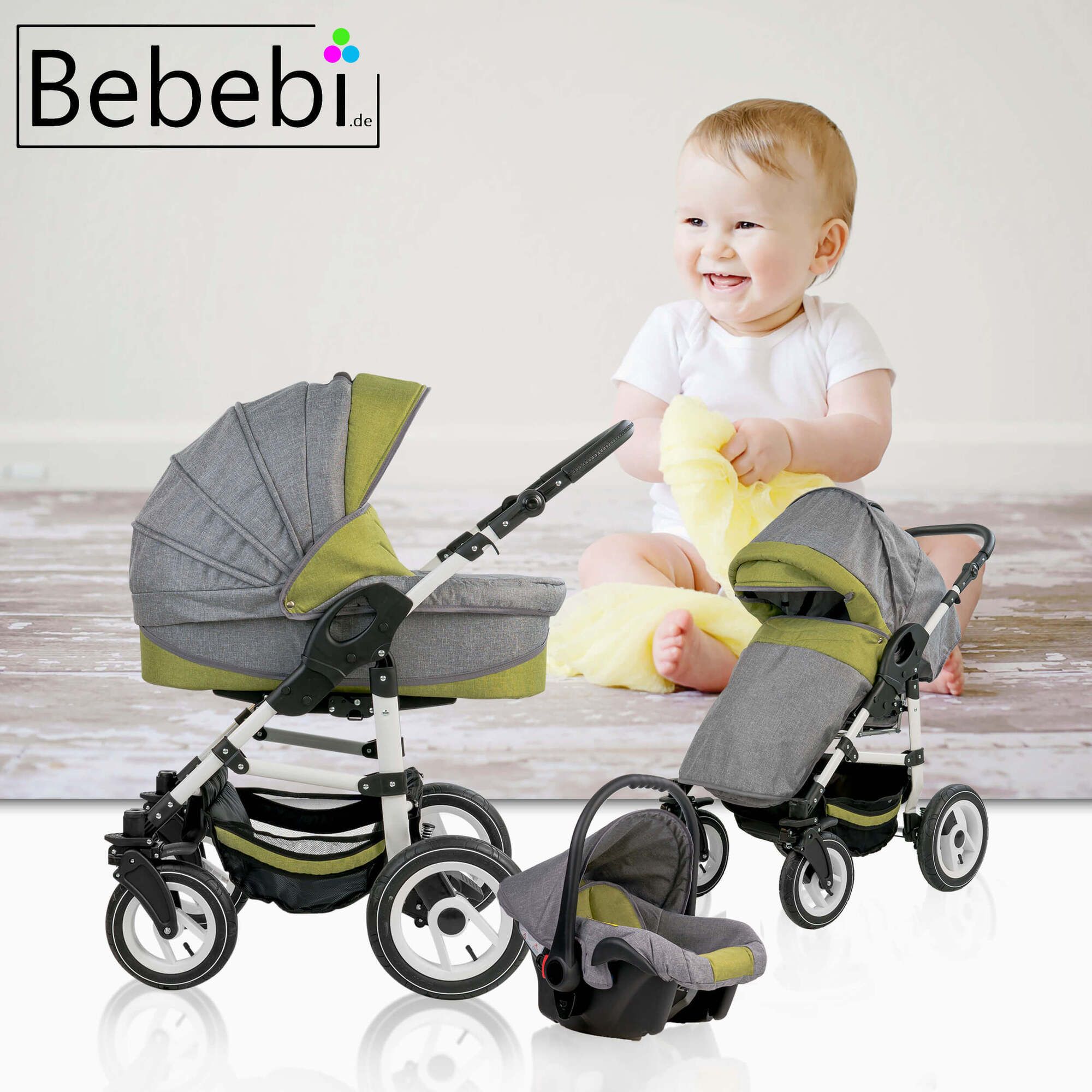 Kinderwagen-Komplettset mit Baby, grau-grünen Stoffen, weißem Gestell. Enthält Babyschale, Tragetasche und Zubehör. Marke: Bebebi.