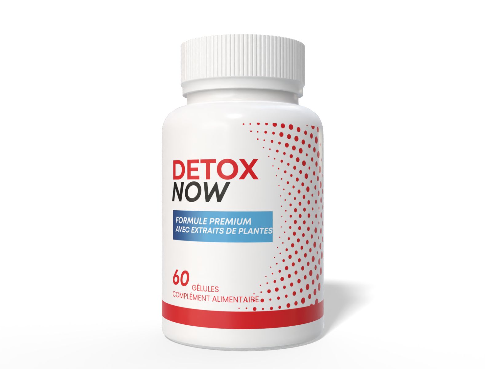 Weiße Flasche mit rotem und blauem Etikett. Aufschrift: Detox Now, Formel mit Pflanzenextrakten, 60 Kapseln.