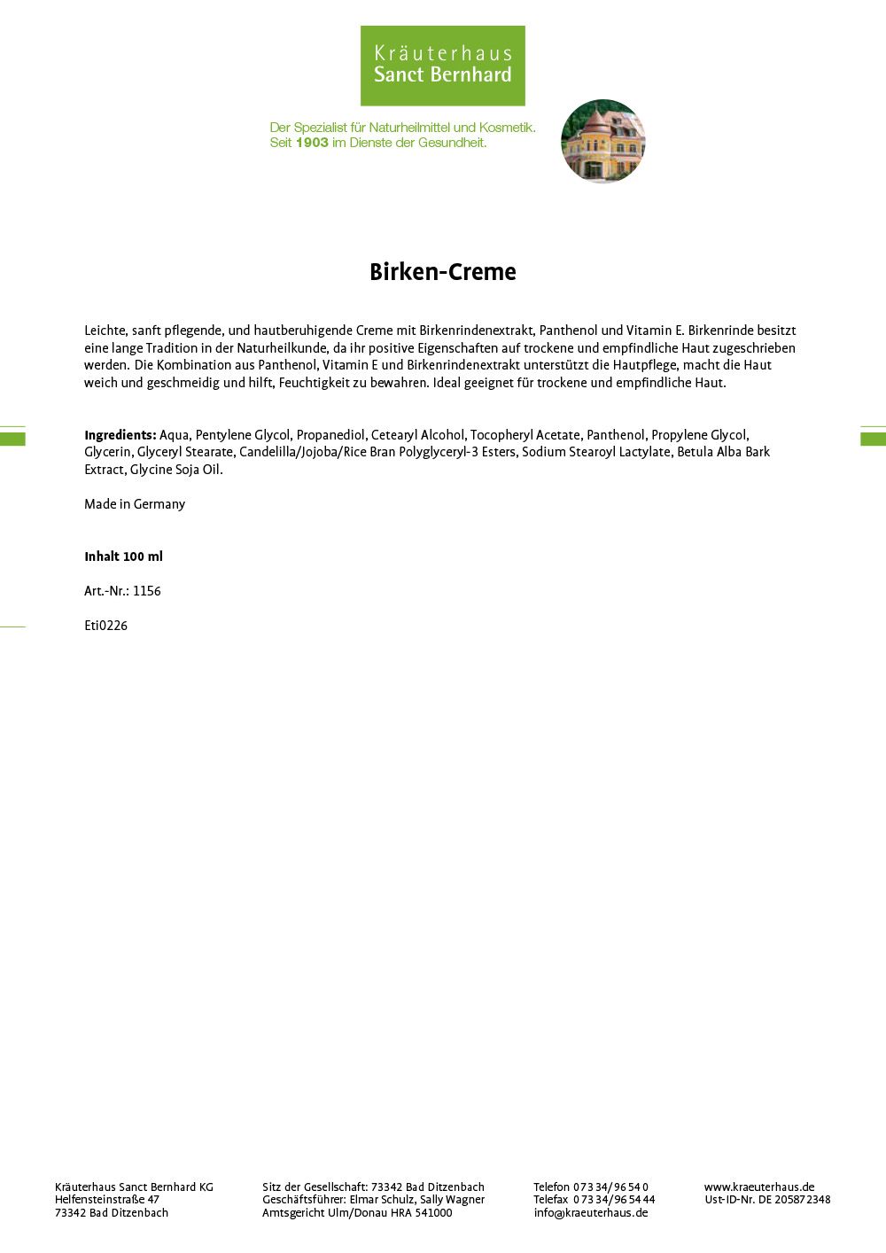Produktinformationen für Birken-Creme: Inhaltsstoffe, Herkunft, Menge 100 ml.