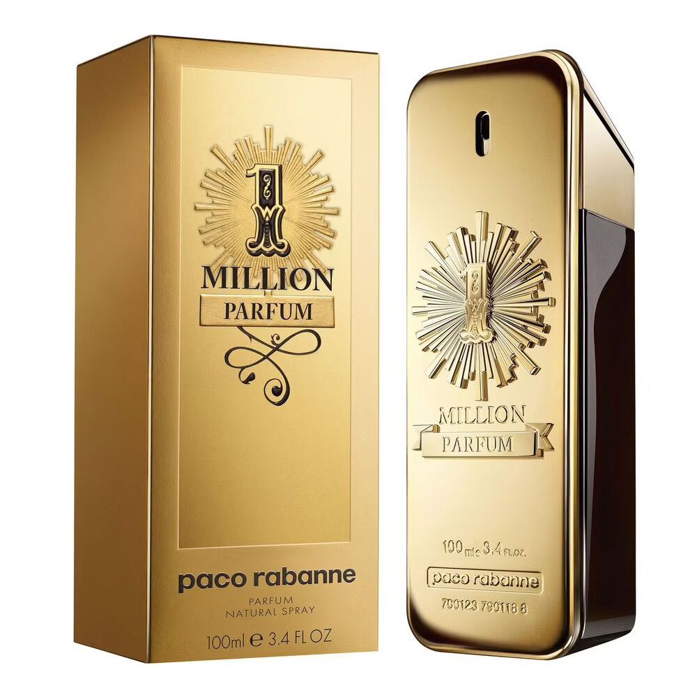 Goldfarbener Flakon und Verpackung. Aufschrift: 1 Million Parfum, Paco Rabanne. Flakon mit Sprühkopf.