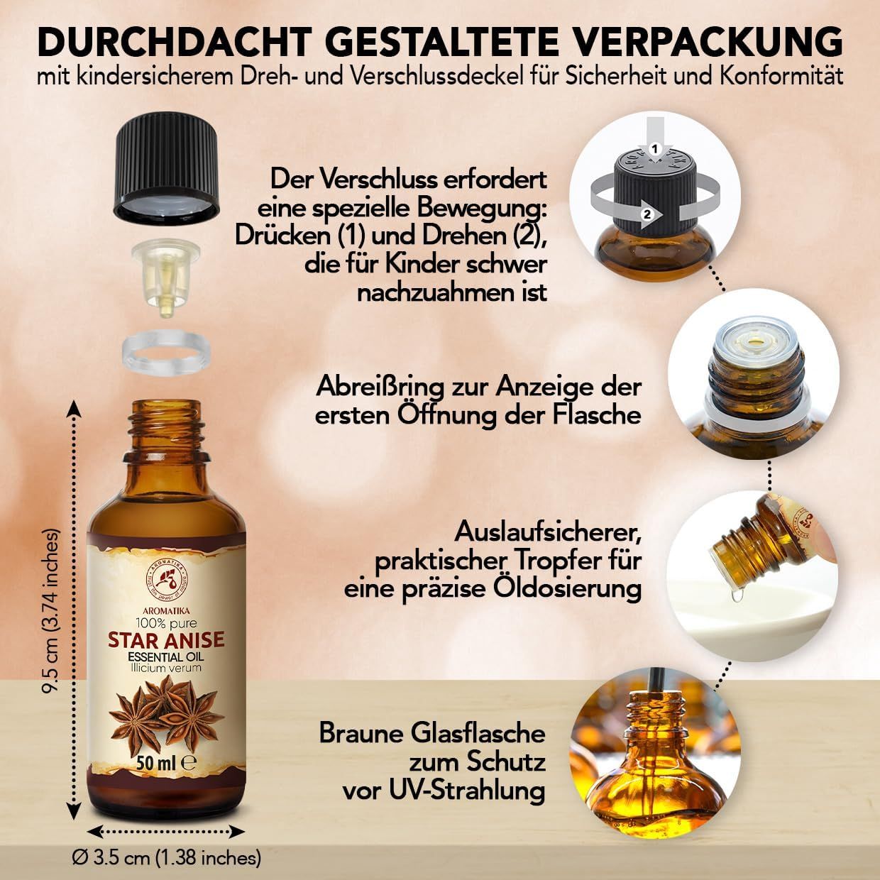 Sternanis ätherisches Öl: Flasche, Verpackung und Details.