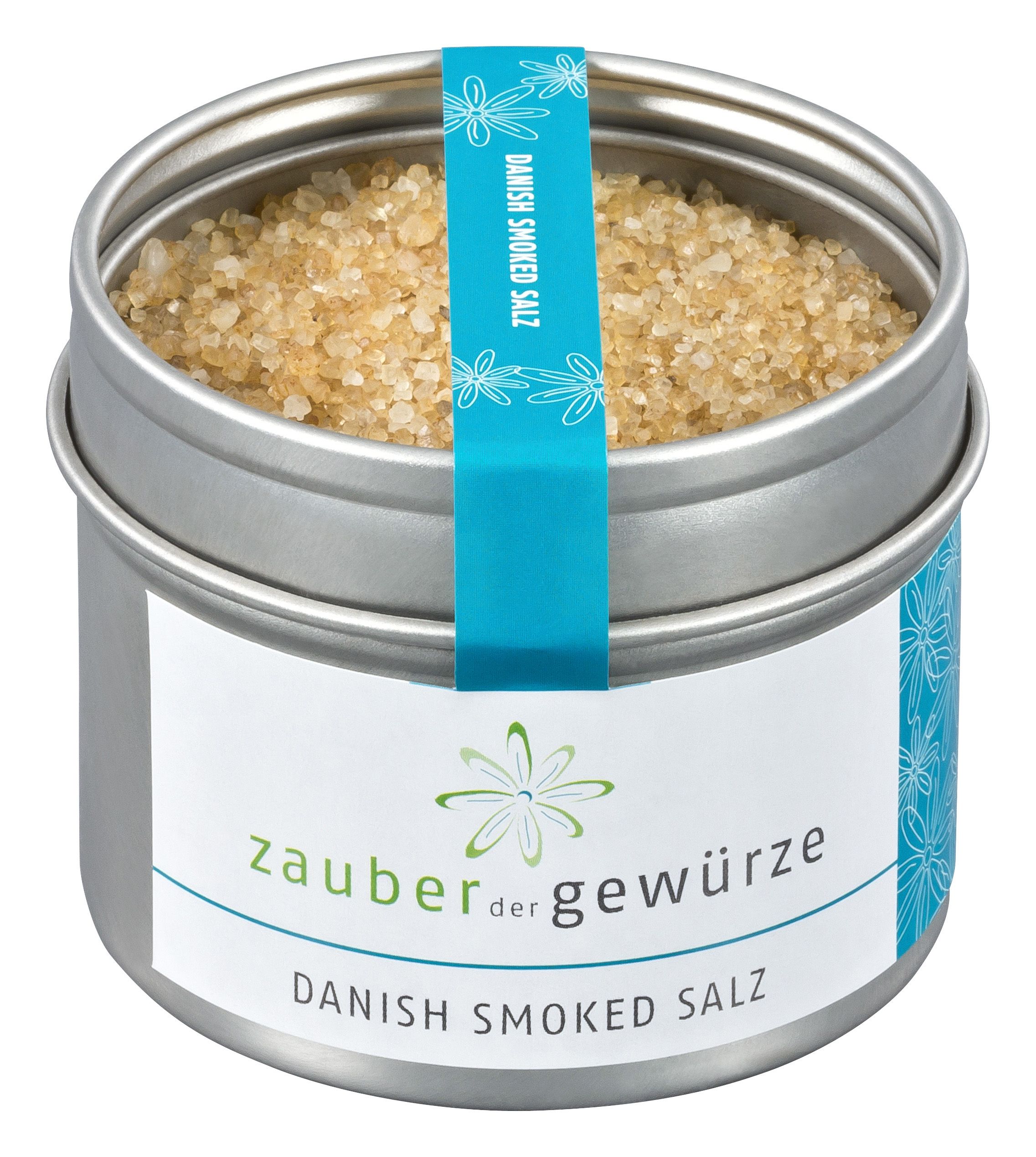 Runde Dose mit Salz. Aufschrift: Zauber der Gewürze, Danish Smoked Salz. Türkisfarbenes Band mit Schriftzug.