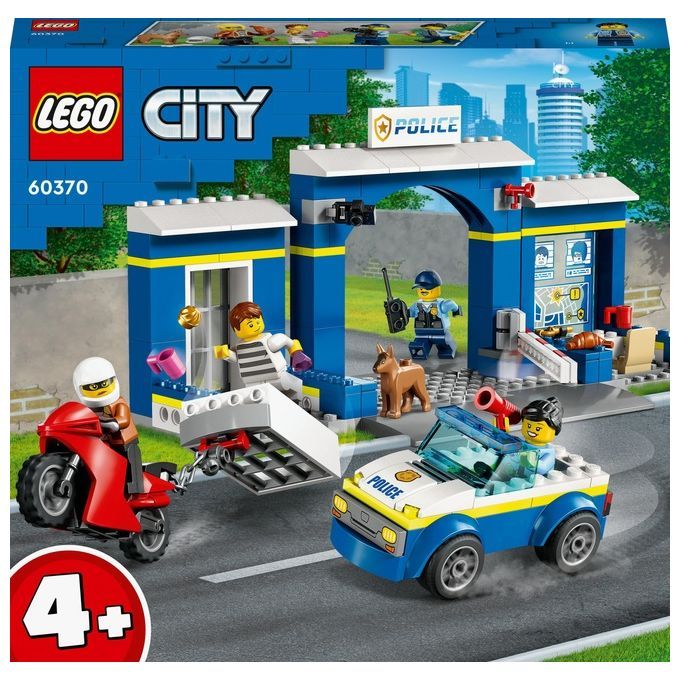 LEGO City 60370 Inseguimento alla Stazione di Polizia, Macchina e Moto giocattolo, Minifigure e Can