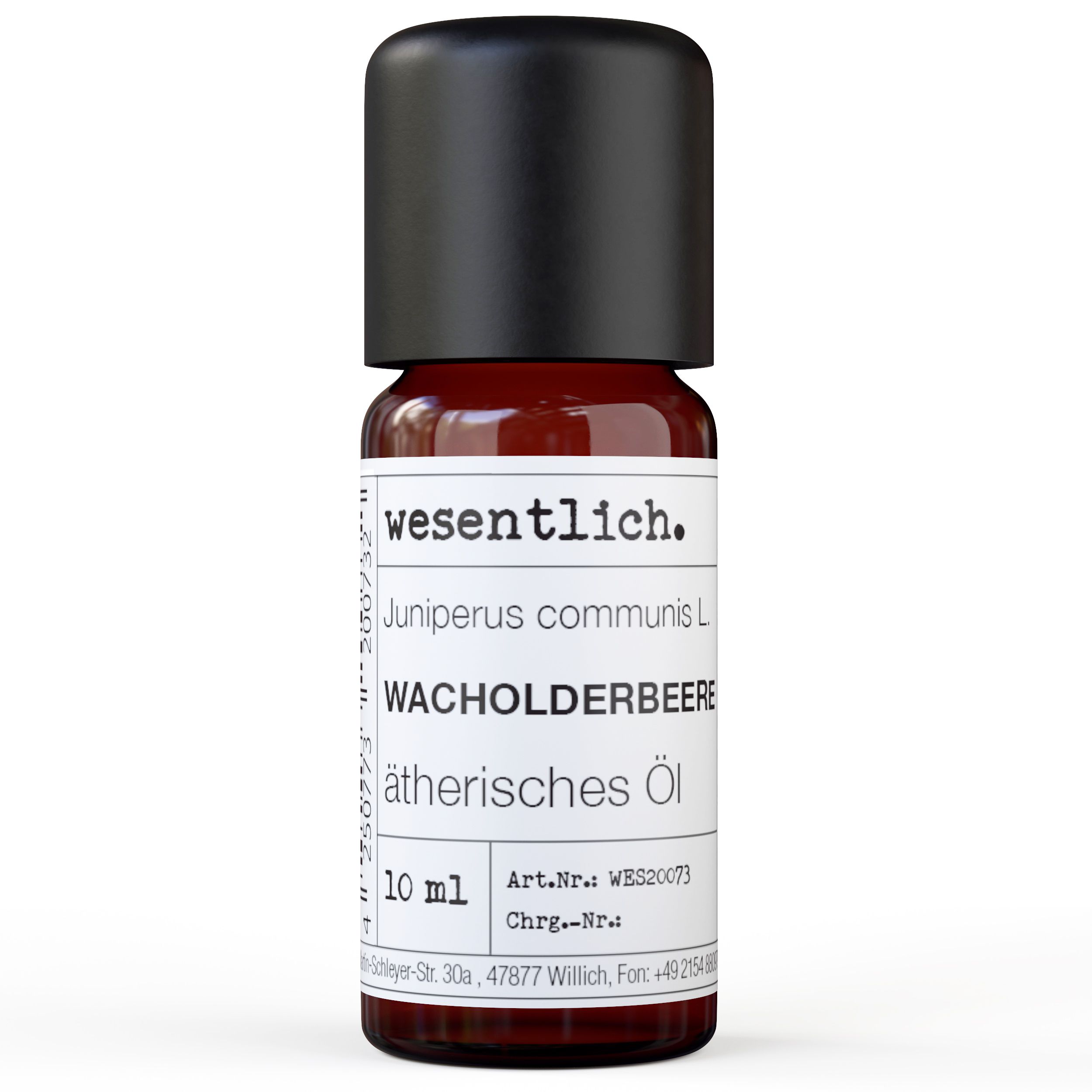 Braune Glasflasche mit schwarzem Deckel. Etikett mit Produktinformationen: Wacholderbeere, ätherisches Öl, 10 ml. Marke: wesentlich.