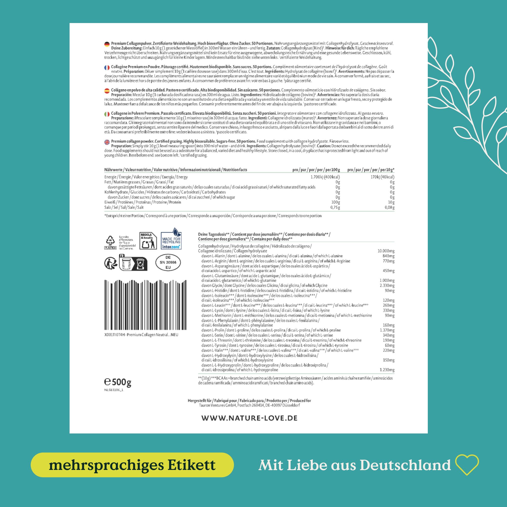 Rückseite einer Tüte NATURE LOVE Kollagenpulver mit mehrsprachigem Etikett und Barcode.