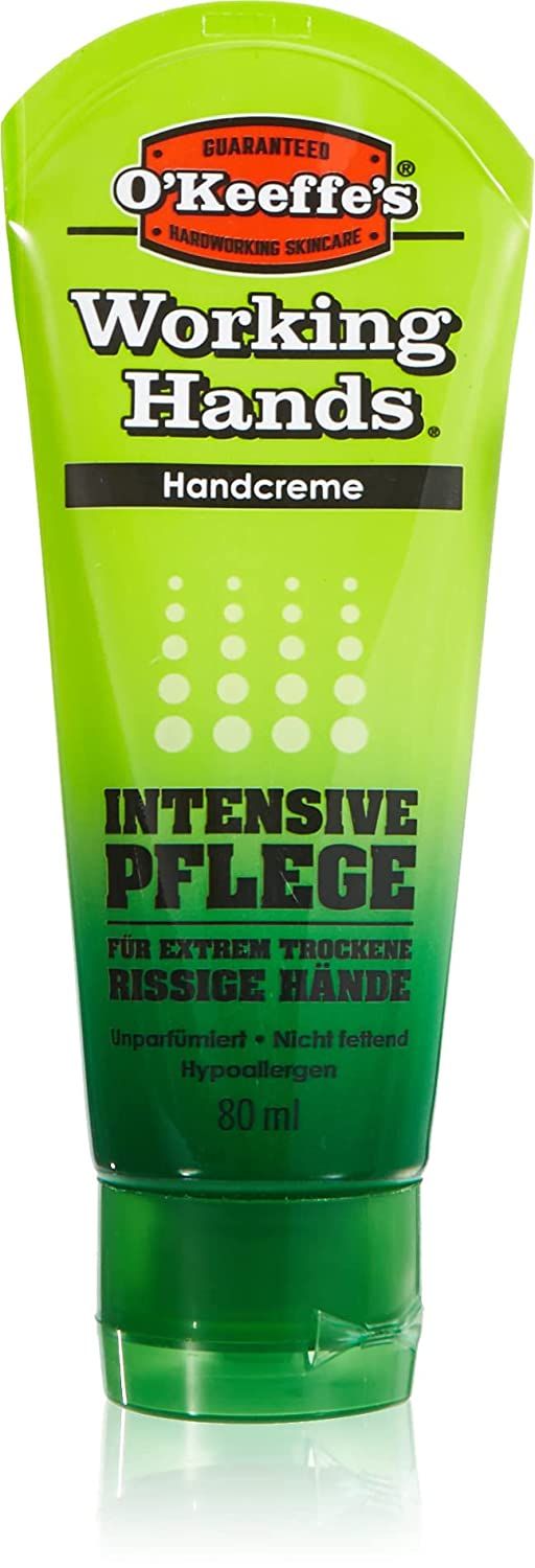 Grüne Tube O'Keeffe's Working Hands Handcreme. Text: Intensive Pflege, für extrem trockene, rissige Hände. 80 ml.