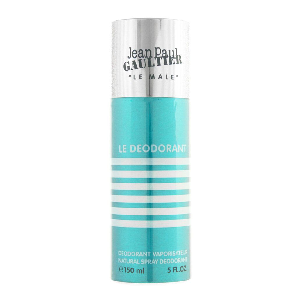 Türkisfarbene Deodorant-Spraydose mit silbernem Deckel. Aufschrift: Jean Paul Gaultier, Le Male, Le Deodorant. 150 ml.