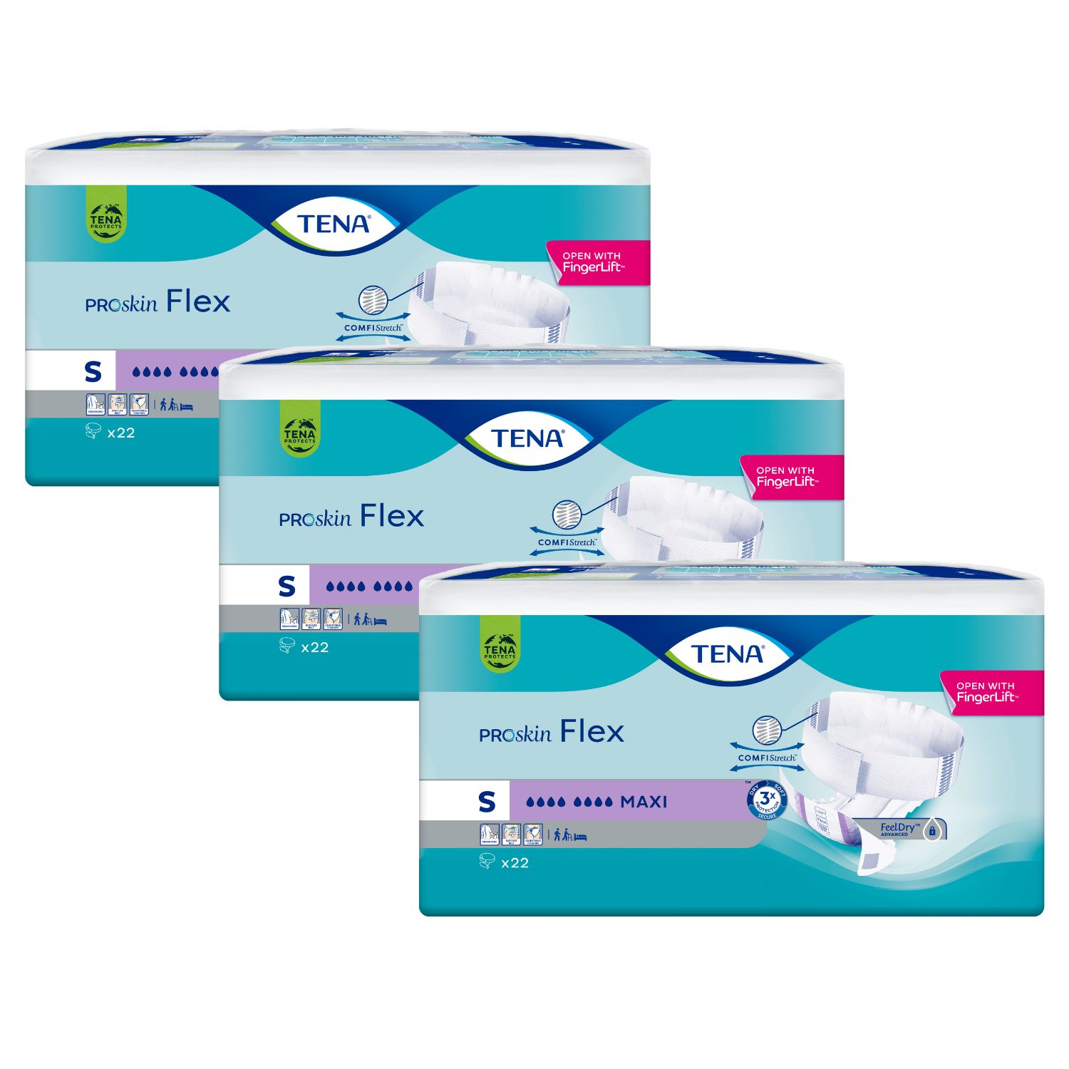 Drei Packungen TENA ProSkin Flex. Jede Packung zeigt das Logo und die Produktbezeichnung. Größe S, x22 Stück.