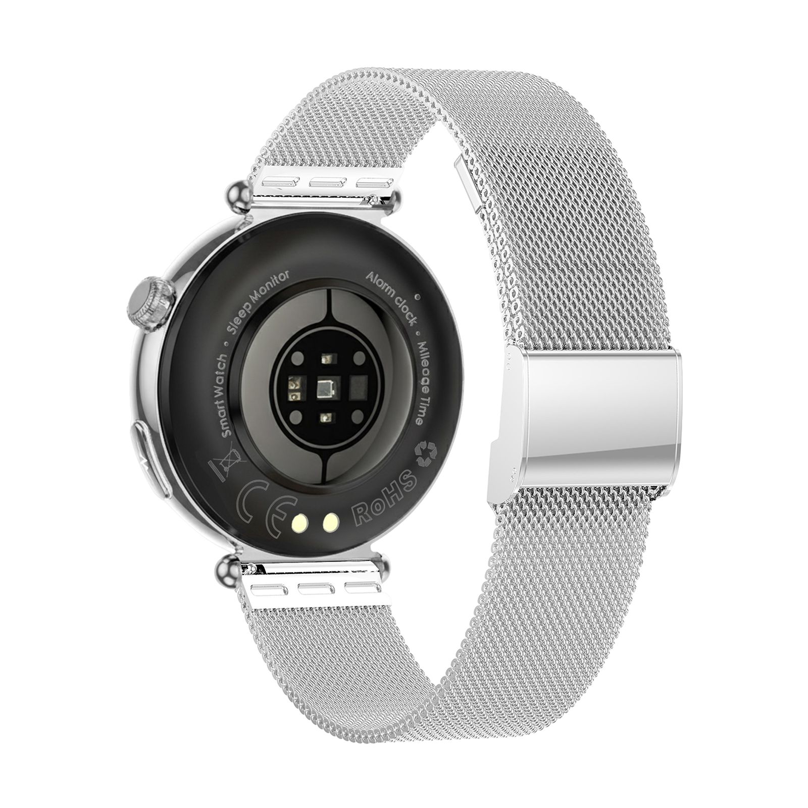 Rückseite einer Smartwatch mit silbernem Metallarmband. Sichtbar: Sensoren, Ladekontakte und Beschriftung.