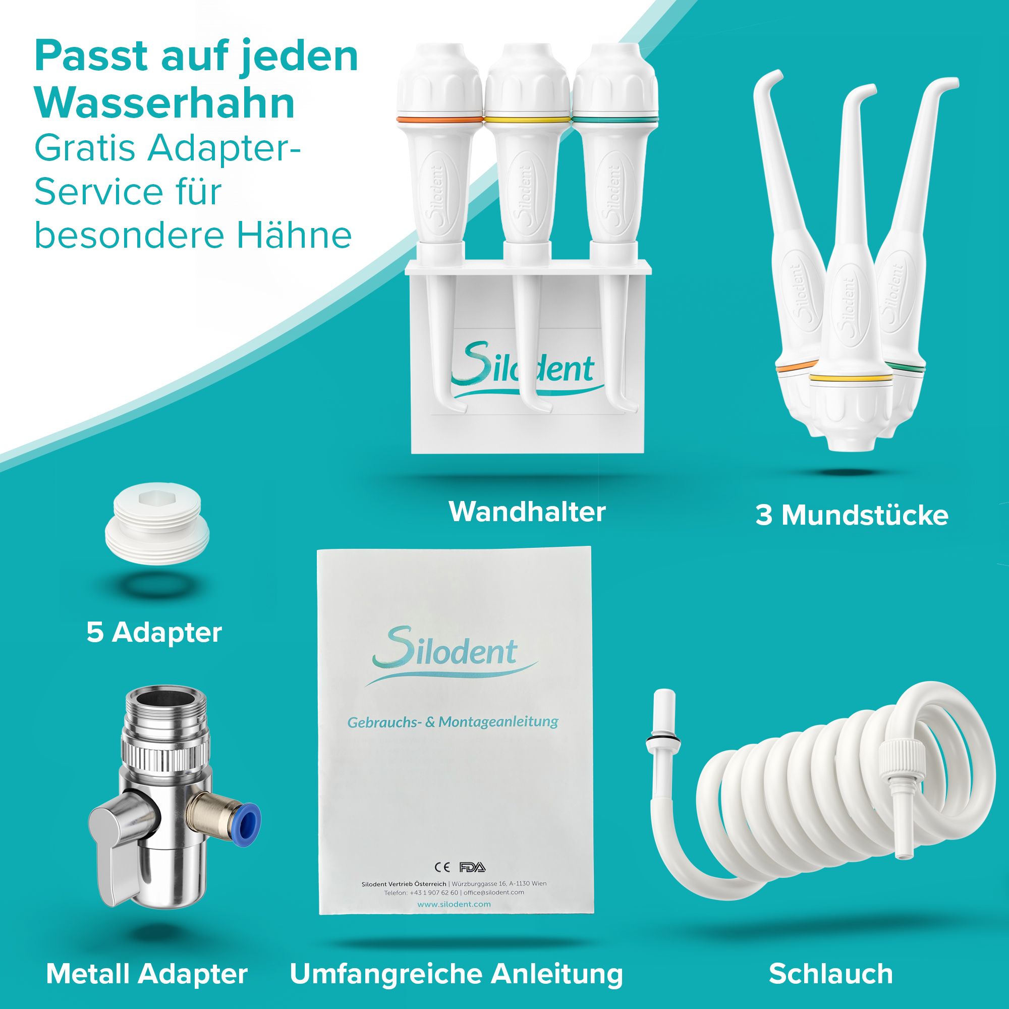 Produkt-Set mit Munddusche, Adaptern, Halterung, und Anleitung. Text: Passt auf jeden Wasserhahn. Silodent Logo.