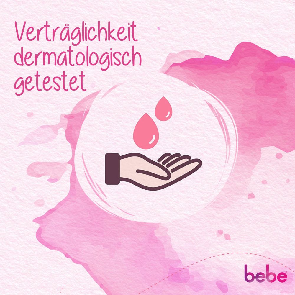 Hand mit Tropfen in einem Kreis. Text: Verträglichkeit dermatologisch getestet. bebe-Logo.