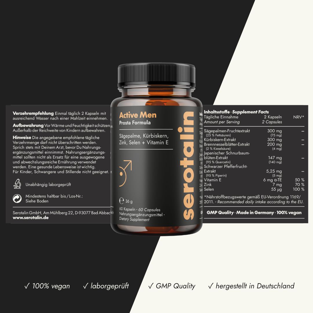 Braune Kapsel-Dose mit schwarzem Deckel. Text: Active Men Prosta Formula. Inhaltsstoffe, Verzehrempfehlung, GMP Quality, 100% vegan.