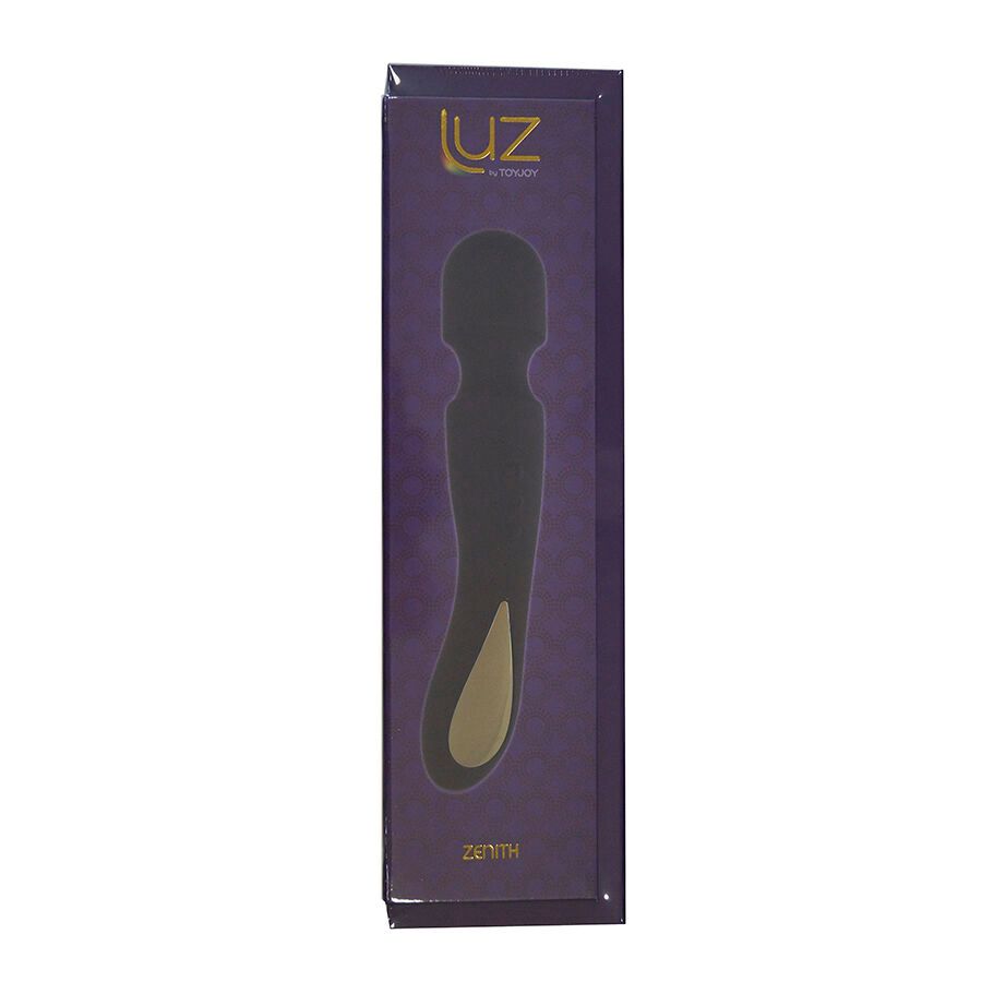 Verpackung: Lila Schachtel mit schwarzem Massagestab. Aufschrift 'luz by toyjoy' und 'Zenith'.