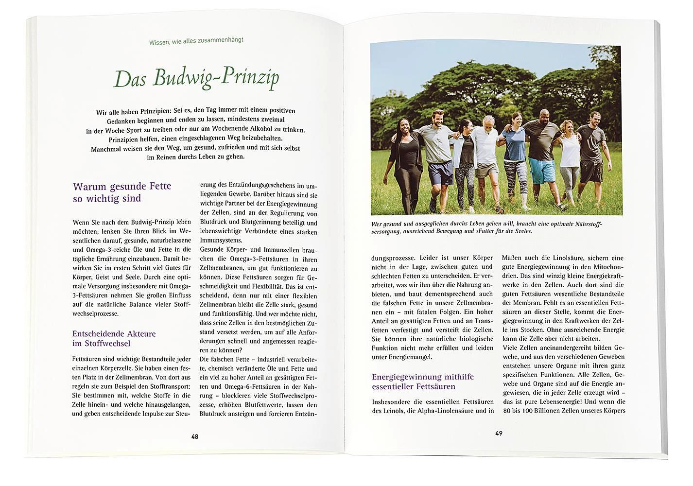 Buchseite mit Text und Foto von Menschen. Überschrift: Das Budwig-Prinzip. Text über Ernährung und Gesundheit.