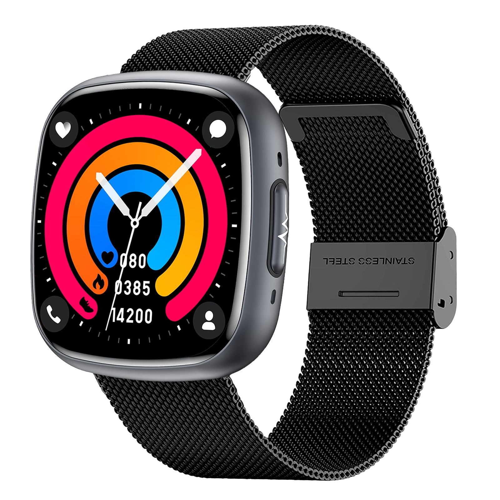 Smartwatch mit schwarzem Metallarmband. Farbiger Bildschirm mit Gesundheitsdaten. Edelstahl-Schließe.