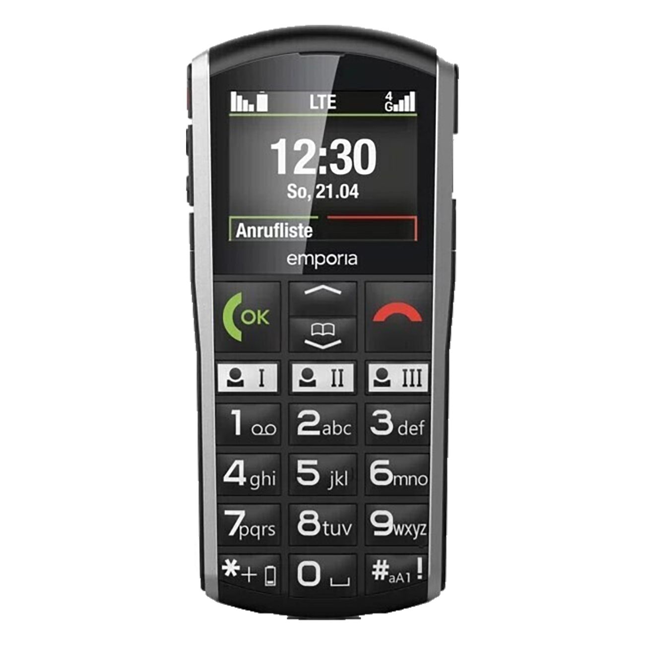 Das Emporia Simplicity LTE Senioren-Telefon wird von vorne gezeigt. Es hat ein schwarzes Gehäuse mit großen Tasten und einem Display, das die Uhrzeit und das Datum anzeigt. Das Telefon hat eine rote und grüne Anruftaste und das Emporia-Logo.