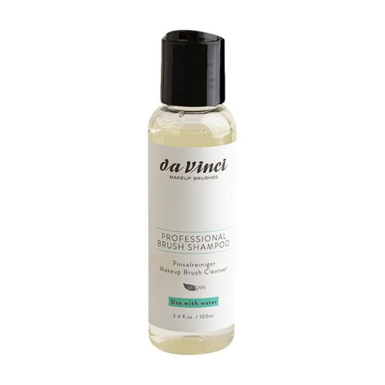 Flasche mit "da vinci Professional Brush Shampoo". Schwarzer Deckel, klare Flüssigkeit. "Vegan"-Logo.