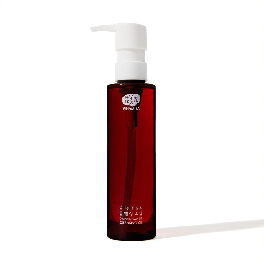 Rote Flasche mit weißem Pumpkopf. Aufschrift: WHAMISA, koreanische Schriftzeichen, Organic Flower Cleansing Oil.