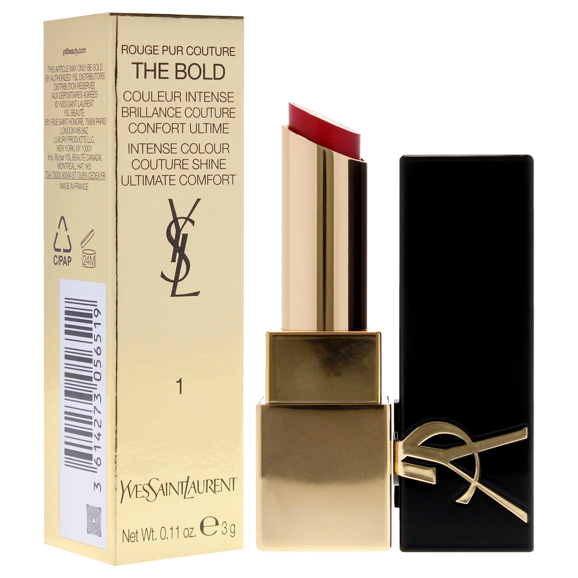 Roter Lippenstift mit goldener Hülse und schwarzem Deckel. Goldene Verpackung mit Text und Logo.