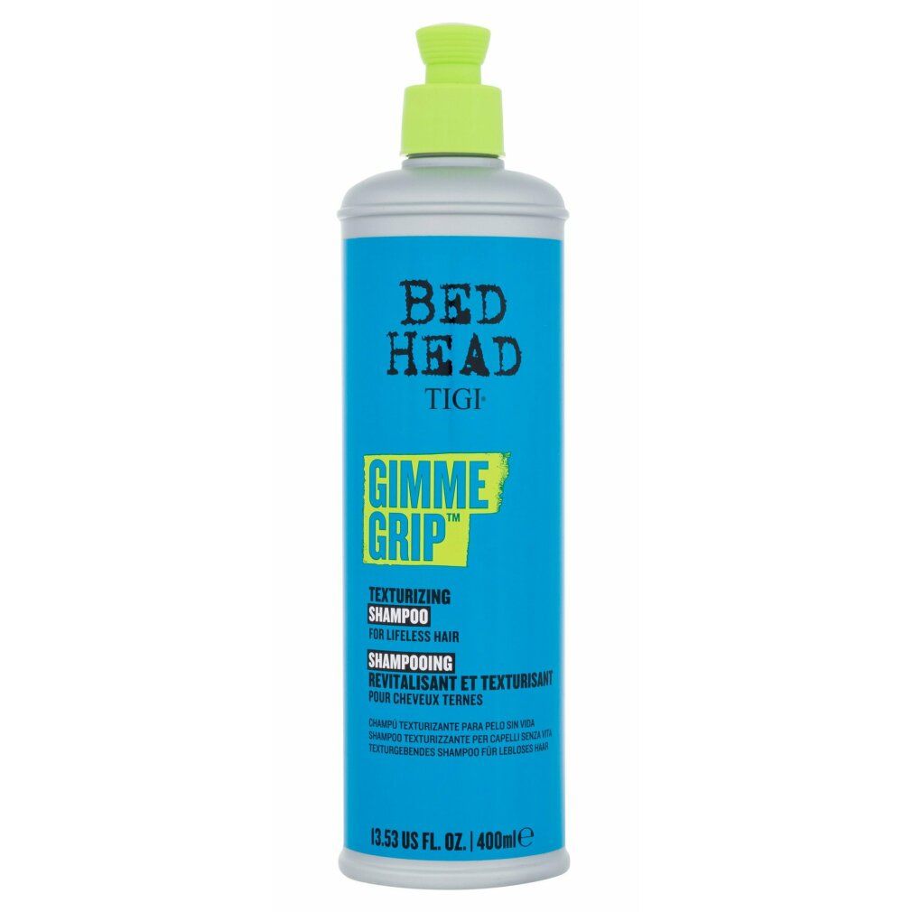 Türkisblaue Shampoo-Flasche mit grünem Pumpkopf. Aufschrift: Bed Head TIGI Gimme Grip Texturizing Shampoo.